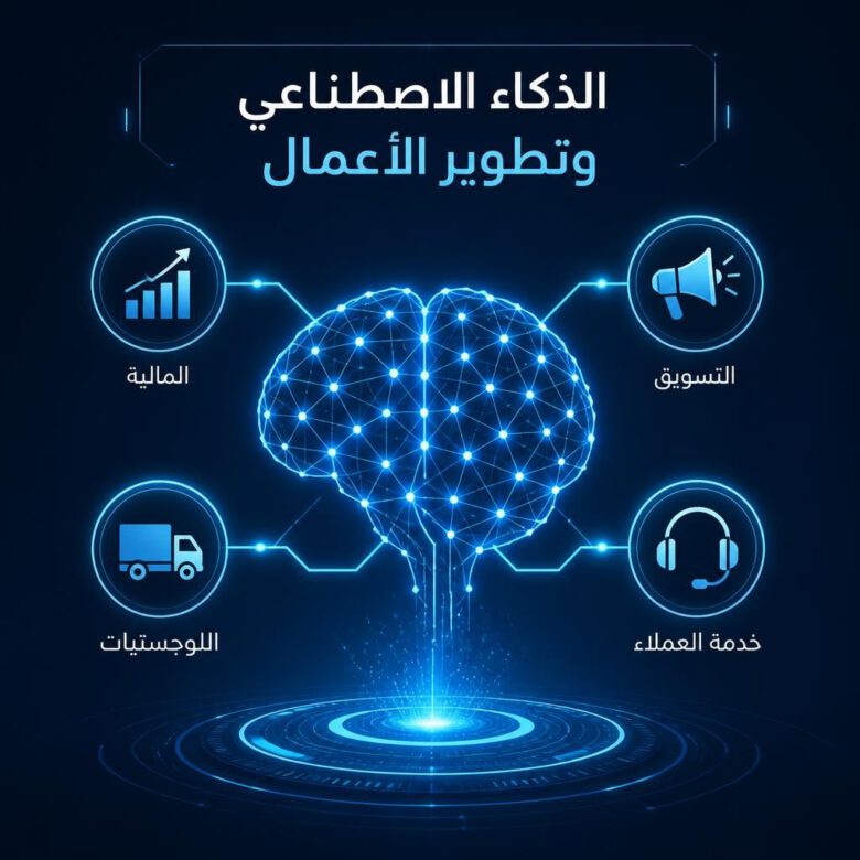 شبكة عصبية للذكاء الاصطناعي تربط بين أيقونات تطوير الأعمال المختلفة مثل التمويل والتسويق والخدمات اللوجستية.