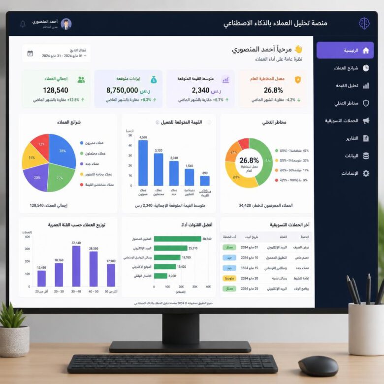 لوحة تحكم تحليلية تعرض تقسيم العملاء باستخدام الذكاء الاصطناعي مع رسوم بيانية للقيمة المتوقعة ومخاطر التخلي - كيفية استخدام الذكاء الاصطناعي في تطوير الأعمال