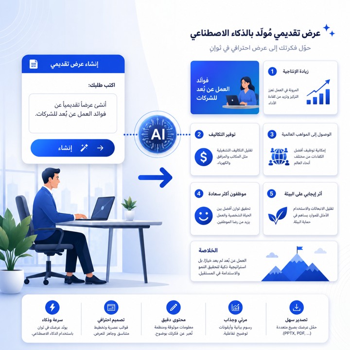 إنفوجرافيك يوضح كيفية إنشاء عرض بوربوينت بالذكاء الاصطناعي وتحويل فكرة أو برومبت إلى شرائح جاهزة