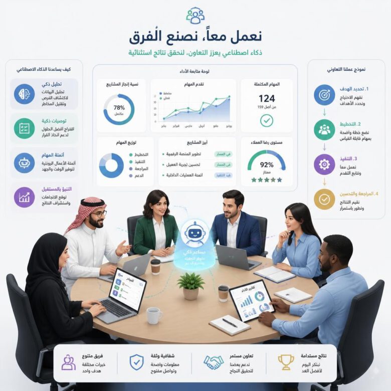 فريق عمل ناجح يتعاون باستخدام أدوات الإدارة والتقنيات الحديثة