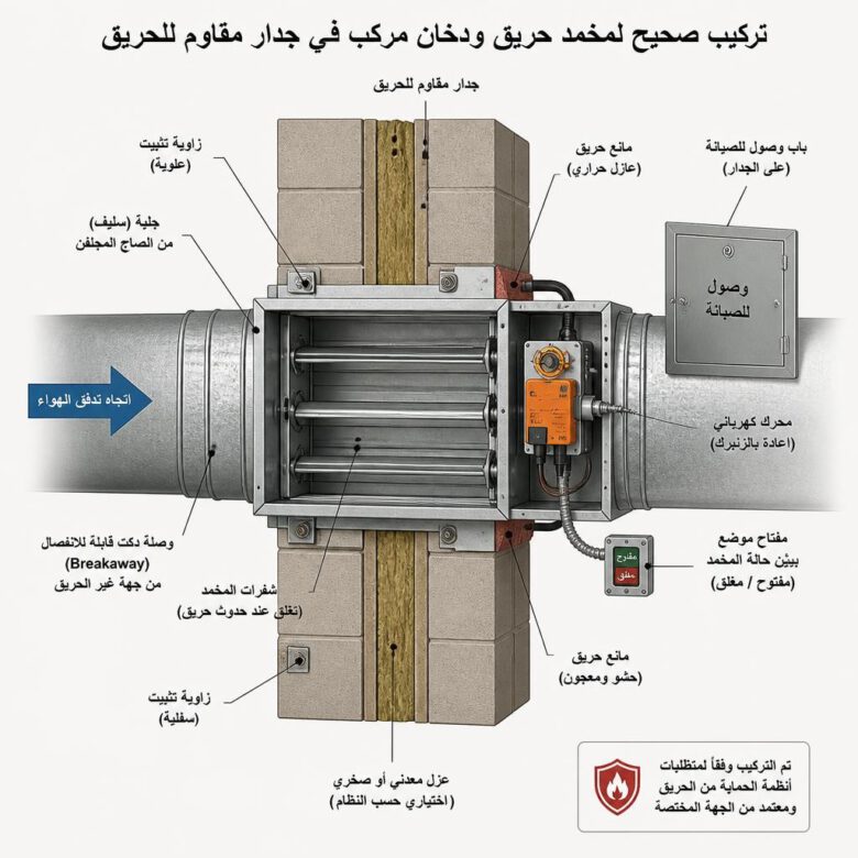 تفصيل تركيب دامبر الحريق والدخان والمشغل وفتحة الوصول - منهجية تنفيذ نظام التحكم بدخان مجاري التكييف.