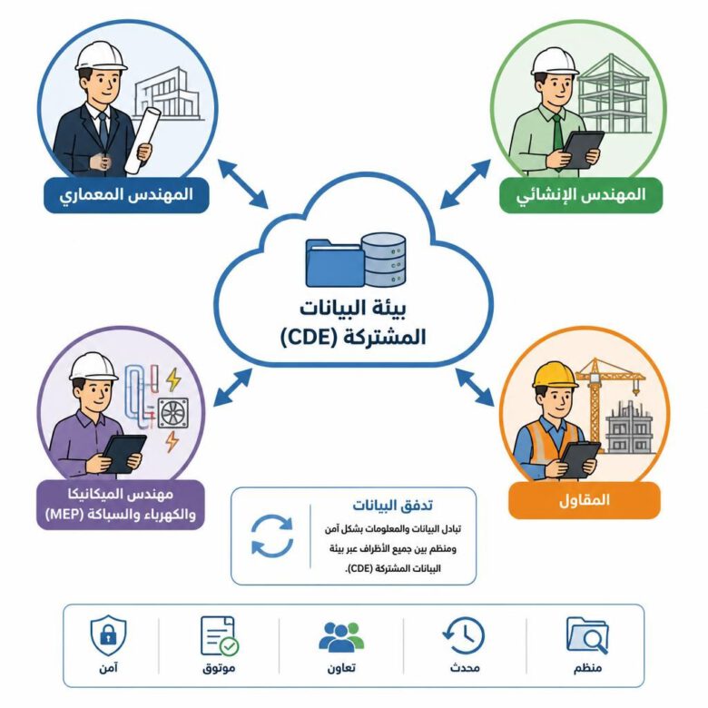 مخطط يوضح آلية عمل بيئة البيانات المشتركة (CDE) في مشاريع BIM