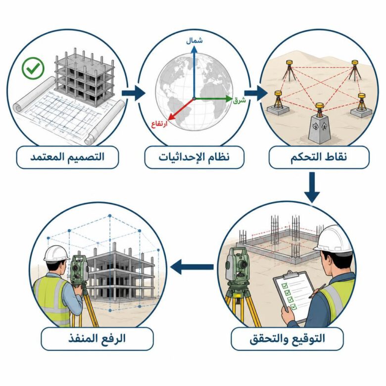 مراحل منهجية الأعمال المساحية من التصميم إلى الرفع المنفذ