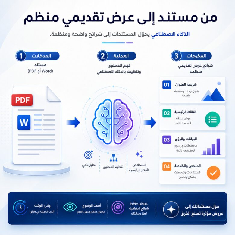 إنفوجرافيك يوضح كيفية تحويل مستند PDF أو Word إلى عرض تقديمي منظم باستخدام الذكاء الاصطناعي