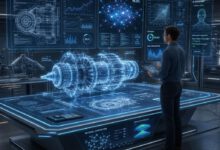 مهندس يراجع مخططات هندسية مستقبلية مع عناصر ثلاثية الأبعاد