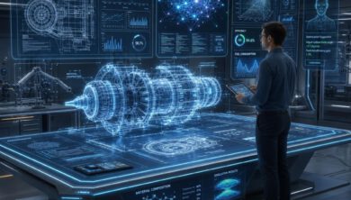 مهندس يراجع مخططات هندسية مستقبلية مع عناصر ثلاثية الأبعاد