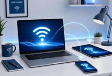 كمبيوتر محمول يقوم ببث إشارة واي فاي إلى هاتف ذكي وجهاز لوحي، مما يوضح مفهوم تحويل الكمبيوتر إلى نقطة اتصال.