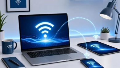 كمبيوتر محمول يقوم ببث إشارة واي فاي إلى هاتف ذكي وجهاز لوحي، مما يوضح مفهوم تحويل الكمبيوتر إلى نقطة اتصال.