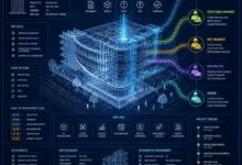 مخطط رقمي مستقبلي يمثل خطة تنفيذ BIM مع تدفقات بيانات وأيقونات تعاون
