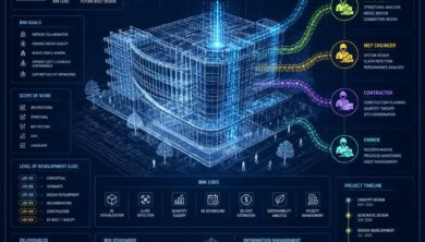 مخطط رقمي مستقبلي يمثل خطة تنفيذ BIM مع تدفقات بيانات وأيقونات تعاون