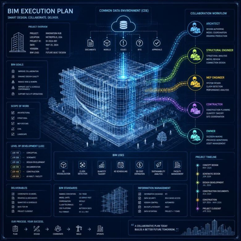 مخطط رقمي مستقبلي يمثل خطة تنفيذ BIM مع تدفقات بيانات وأيقونات تعاون