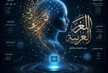 تمثيل مرئي للذكاء الاصطناعي يعالج اللغة العربية، تظهر فيه شبكات عصبية مضيئة متداخلة مع خط عربي أنيق.