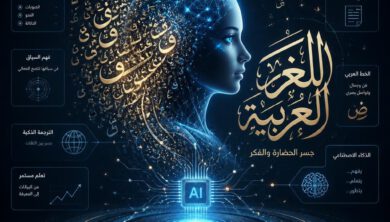 تمثيل مرئي للذكاء الاصطناعي يعالج اللغة العربية، تظهر فيه شبكات عصبية مضيئة متداخلة مع خط عربي أنيق.