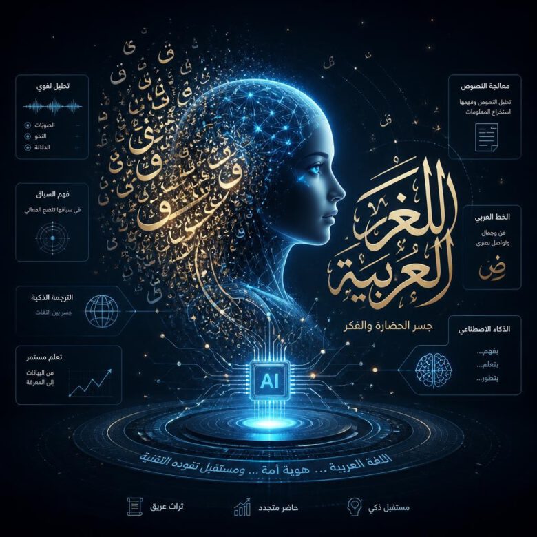 تمثيل مرئي للذكاء الاصطناعي يعالج اللغة العربية، تظهر فيه شبكات عصبية مضيئة متداخلة مع خط عربي أنيق.