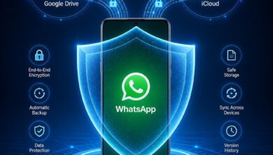 شعار واتساب محمي بدرع رقمي مع أيقونات جوجل درايف وآي كلاود في الخلفية، يرمز إلى أمان النسخ الاحتياطي.