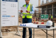 مهندس إنشائي يراجع مستند Method Statement احترافي في موقع بناء
