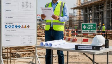 مهندس إنشائي يراجع مستند Method Statement احترافي في موقع بناء