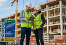 مهندس ومدير سلامة يراجعان مستند تقييم المخاطر في موقع بناء هندسي.
