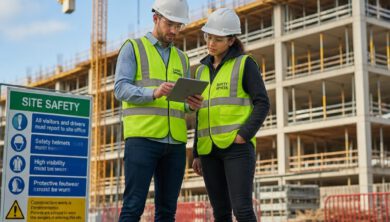 مهندس ومدير سلامة يراجعان مستند تقييم المخاطر في موقع بناء هندسي.
