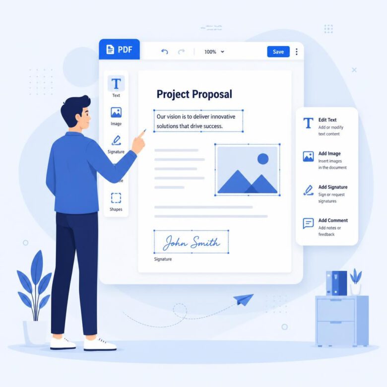 شخص يقوم بتعديل ملف PDF مجانًا باستخدام واجهة رقمية حديثة