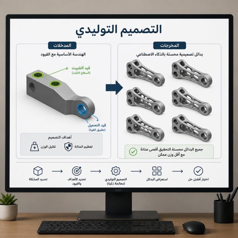 شاشة كمبيوتر توضح عملية التصميم التوليدي، حيث يقوم الذكاء الاصطناعي بإنشاء تصميمات محسّنة لقطعة ميكانيكية - كيفية استخدام الذكاء الاصطناعي في تطوير الأعمال الهندسية.