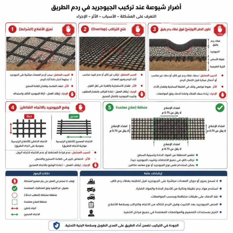 عيوب تركيب الجيوجريد والتلف وطرق المعالجة - طريقة تركيب الجيوجريد لتدعيم جسور الطرق.