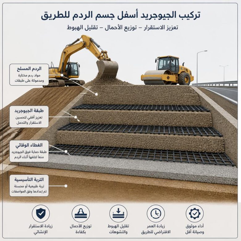 مقطع توضيحي لتركيب الجيوجريد في جسر طريق مسلح