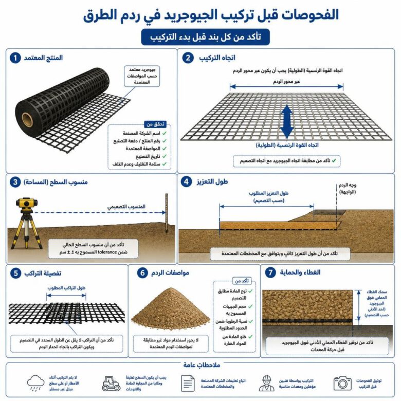 المتطلبات الفنية الواجب تأكيدها قبل تركيب الجيوجريد - طريقة تركيب الجيوجريد لتدعيم جسور الطرق.