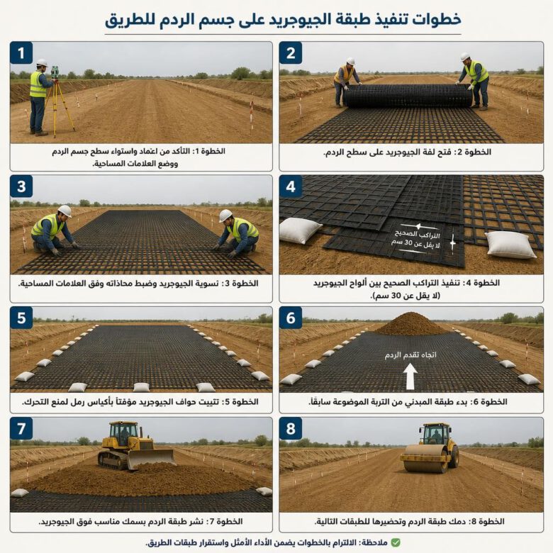 فرد ومحاذاة وتثبيت ألواح الجيوجريد قبل الردم - طريقة تركيب الجيوجريد لتدعيم جسور الطرق.