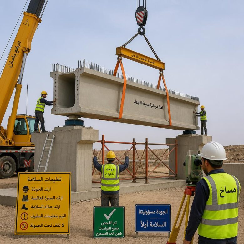 إنزال كمرة خرسانية سابقة الإجهاد على مرتكزات الجسر - تركيب الكمرات الخرسانية مسبقة الإجهاد