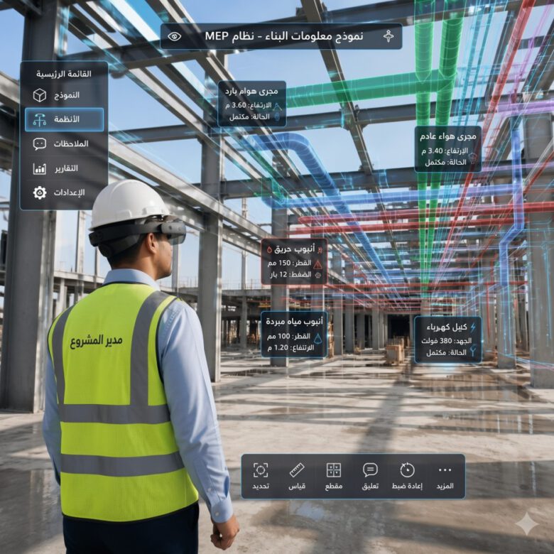 مهندس في موقع بناء يستخدم الواقع المعزز (AR) لمطابقة نموذج BIM مع التنفيذ الفعلي