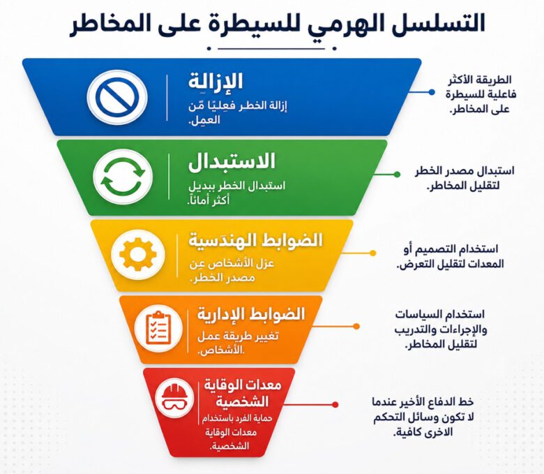 إنفوجرافيك يوضح التسلسل الهرمي للسيطرة على المخاطر من الإزالة والاستبدال إلى الضوابط الهندسية والإدارية ومعدات الوقاية الشخصية