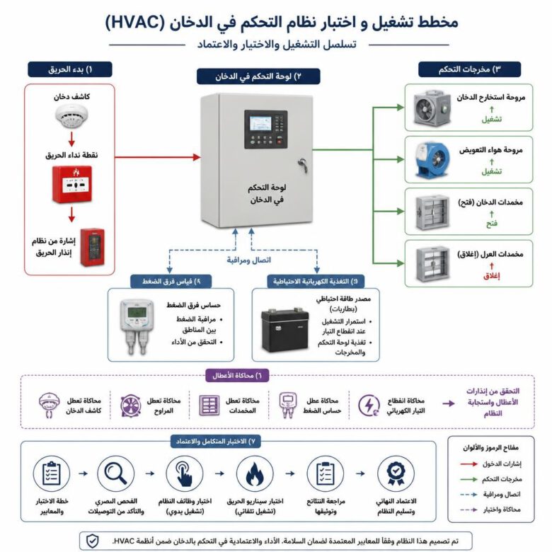 مراحل اختبار وتشغيل وتكامل نظام التحكم بدخان مجاري التكييف