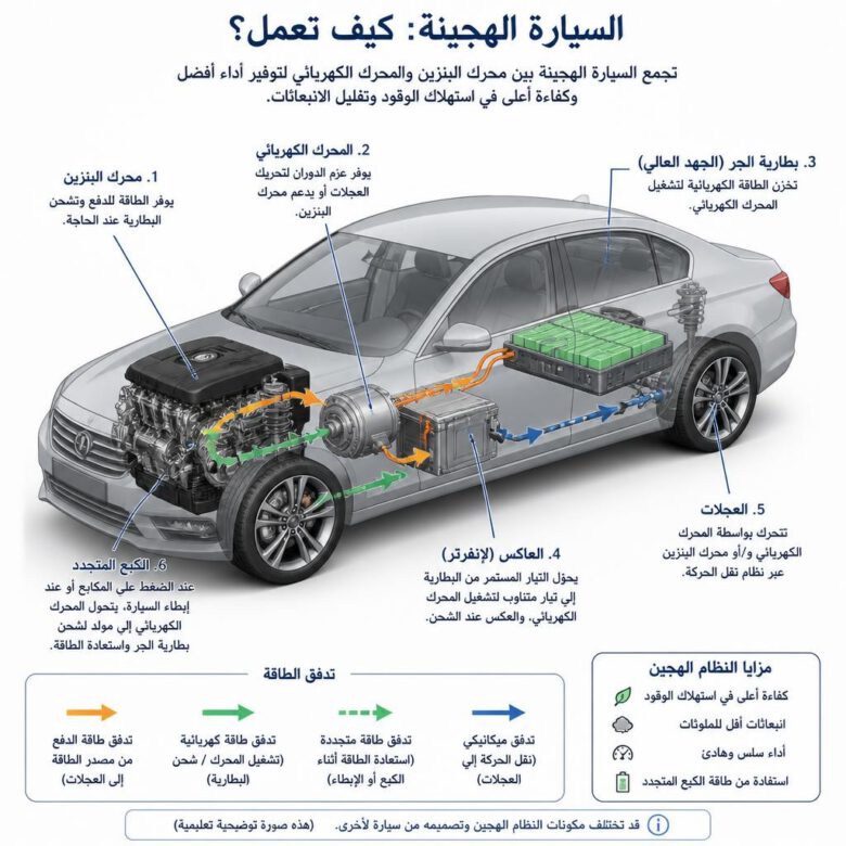 مكونات السيارة الهجينة ومسار الطاقة والكبح المتجدد