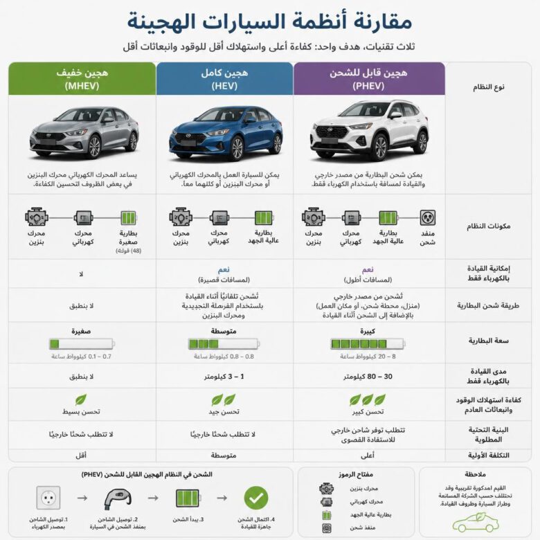 مقارنة الهجين الخفيف والهجين الكامل والهجين القابل للشحن