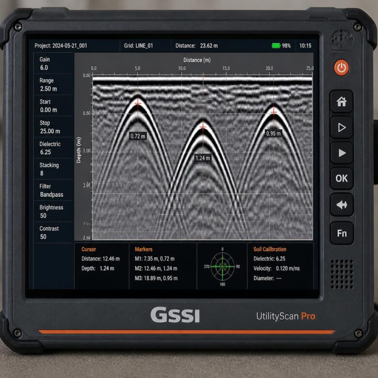 شاشة جهاز رادار اختراق الأرض (GPR) تعرض بيانات تحت سطحية مع انعكاسات تشير إلى وجود أنابيب مدفونة - فحص المرافق تحت الأرض