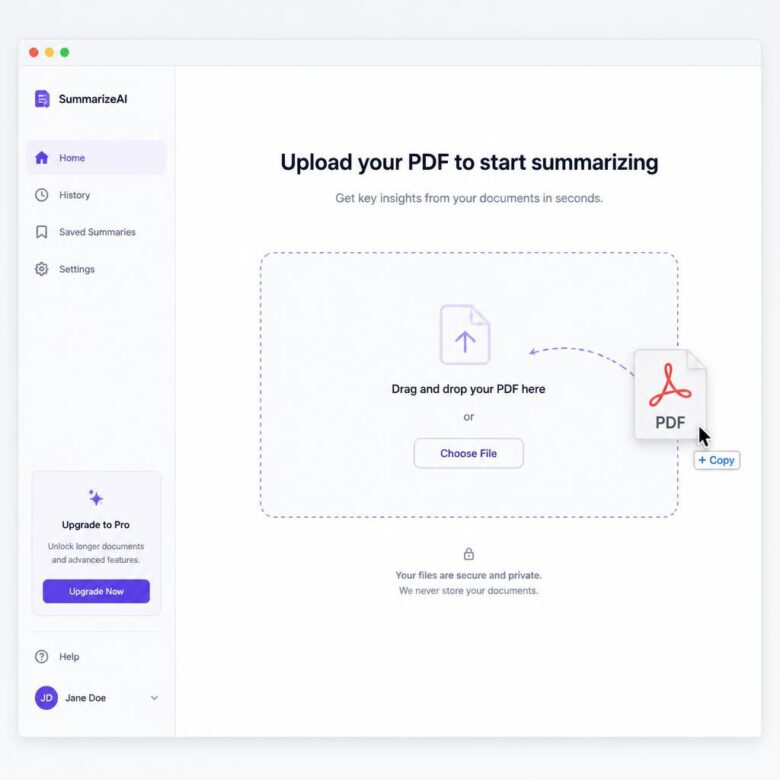 واجهة مستخدم لأداة تلخيص PDF تظهر عملية رفع الملف.