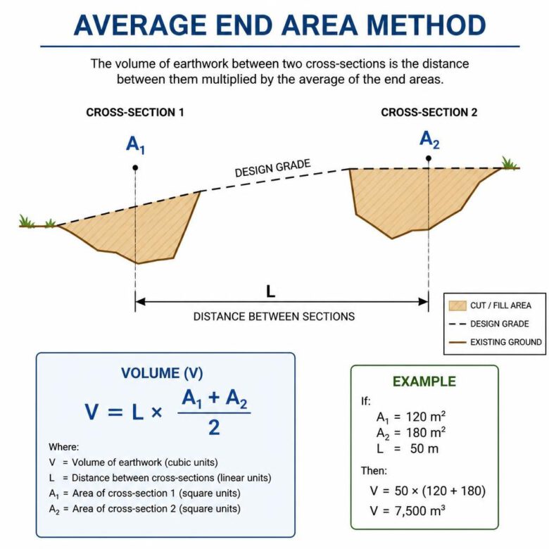 رسم توضيحي لطريقة متوسط المساحتين لحساب حجم الحفر والردم