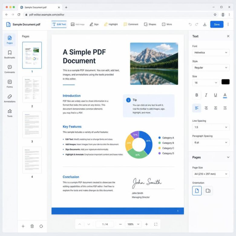 واجهة أداة تعديل ملفات PDF أونلاين تظهر خيارات تعديل النص والصور
