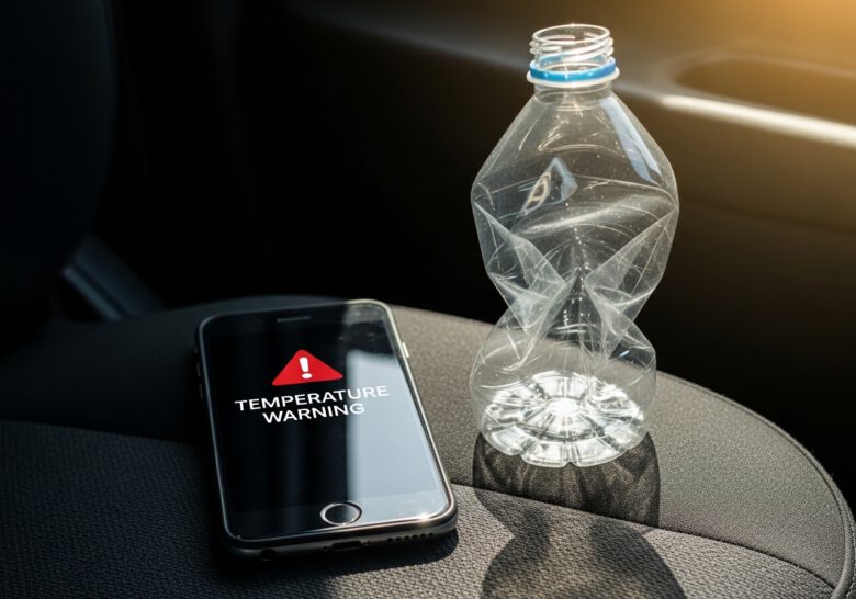 هاتف ذكي وزجاجة ماء بلاستيكية متأثرة بالحرارة داخل السيارة - أشياء لا يجب تركها في السيارة في الحر