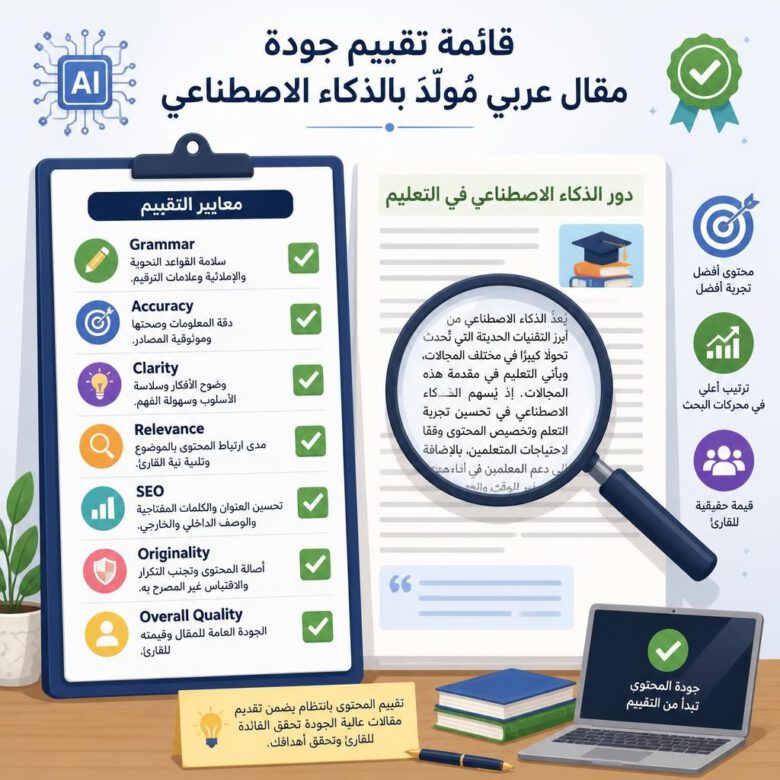 قائمة تقييم جودة مقال عربي مولّد بالذكاء الاصطناعي، مع عدسة مكبرة تركز على النص - كيف تختار أفضل نموذج ذكاء اصطناعي للمقالات العربية
