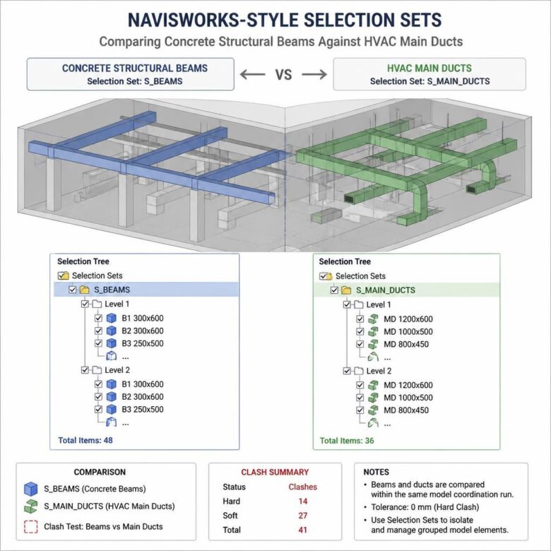 مجموعات اختيار تقارن الكمرات الخرسانية بالدكتات الرئيسية - كيفية عمل Clash Detection في Navisworks