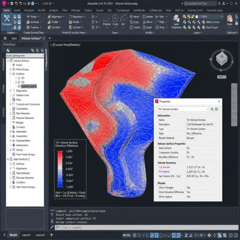 سطح حجوم (TIN Volume Surface) في برنامج Civil 3D يوضح مناطق الحفر والردم
