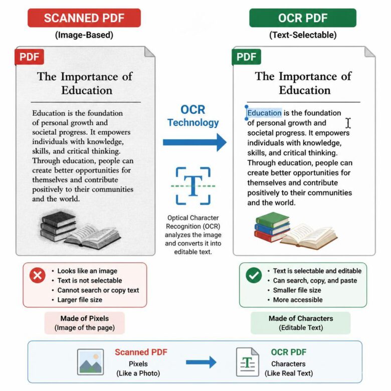 مخطط يوضح كيفية عمل تقنية التعرف الضوئي على الحروف (OCR) لتحويل ملف PDF ممسوح ضوئيًا إلى نص قابل للتعديل