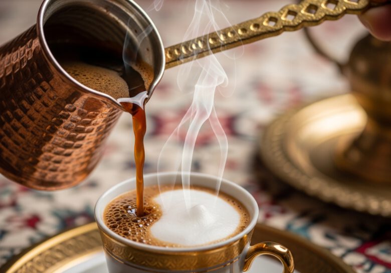 صب القهوة التركية في الفنجان ببطء
