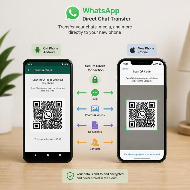 هاتفان يعرضان ميزة نقل الدردشات في واتساب باستخدام رمز الاستجابة السريعة QR.