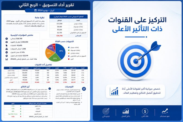 إنفوجرافيك عربي احترافي يوضح تقرير أداء التسويق للربع الثاني وتحليل القنوات الإعلانية الأعلى تأثيرًا والعائد على الإنفاق الإعلاني