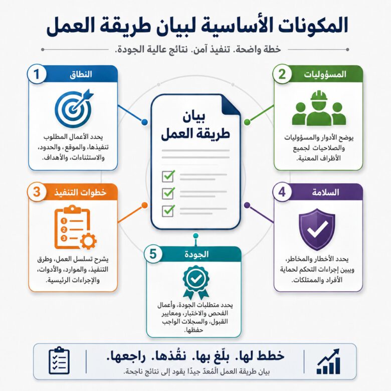 إنفوجرافيك يوضح المكونات الأساسية لبيان طريقة العمل Method Statement، وتشمل النطاق والمسؤوليات وخطوات التنفيذ والسلامة والجودة - دليل إعداد Method Statement احترافي