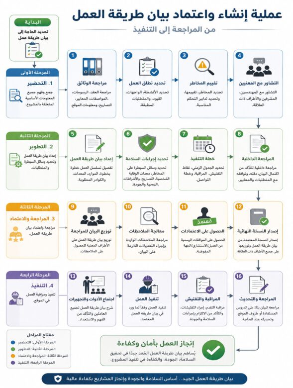 إنفوجرافيك يوضح خطوات إنشاء ومراجعة واعتماد وتنفيذ بيان طريقة العمل Method Statement بدءًا من مراجعة الوثائق وتقييم المخاطر وحتى التنفيذ والمراقبة والتحديث