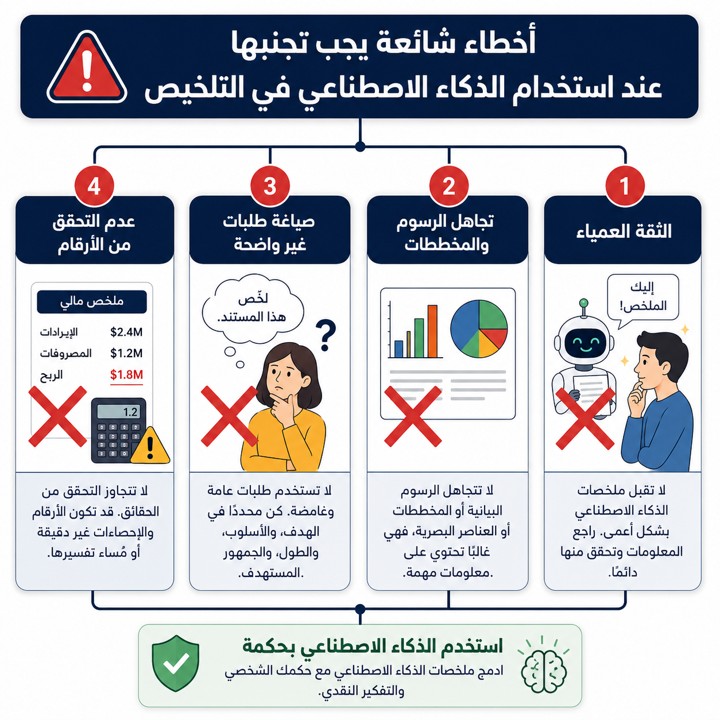 رسم بياني يوضح الأخطاء الشائعة التي يجب تجنبها عند تلخيص ملفات PDF بالذكاء الاصطناعي.